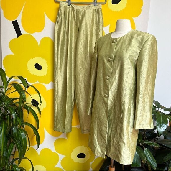 Vintage Mod Handmade One of a Kind Key Lime Sateen 2 Piece Pants Overcoat Set - Picture 9 of 15